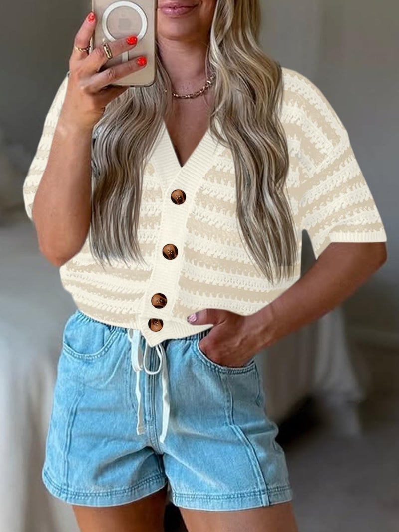 Saodimallsu Womens Short Sleeve Striped Cardigan Sweaters Crochet Knit Button Down Shirts V Neck Spring Summer Tops Apricot - Image 2