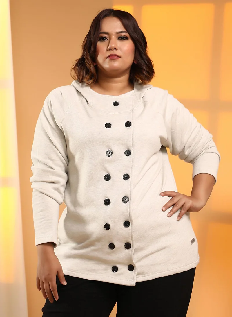 انستافاب بلس Women's Cloud Grey Double-Breasted Jacket For Casual Wear | Hooded Neck | Long Cuffed Sleeves | Button Closure | Plus Size Jacket Crafted With Comfort Fit For Everyday Wear