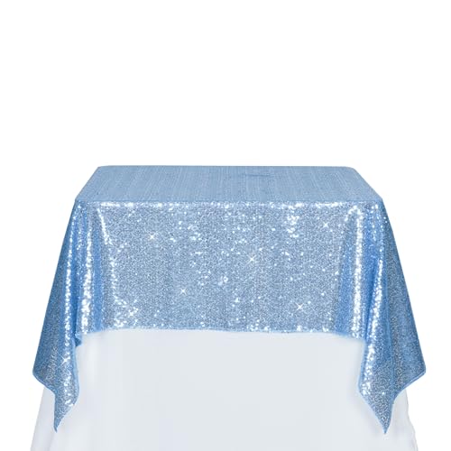 PartyDelight Sequin Tablecloth Square 50"x50" Baby Blue Table Overlay for Wedding Party Birthday Bridal Baby Shower Other Events Decorations - Image 1