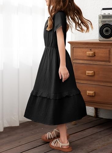 blibean Girls Summer Short Sleeve Dresses Big Kid Cotton Boho Lace Ruffle Semi Formal Dress Solid Casual Fancy Flare Party Clothes Dressy Outfit Size 14 15 16 Year Old Black - Image 5