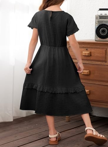 blibean Girls Summer Short Sleeve Dresses Big Kid Cotton Boho Lace Ruffle Semi Formal Dress Solid Casual Fancy Flare Party Clothes Dressy Outfit Size 14 15 16 Year Old Black - Image 2