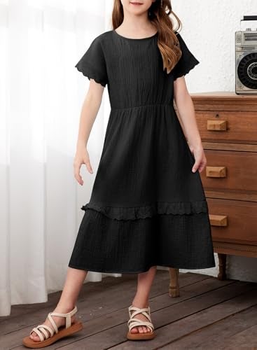 blibean Girls Summer Short Sleeve Dresses Big Kid Cotton Boho Lace Ruffle Semi Formal Dress Solid Casual Fancy Flare Party Clothes Dressy Outfit Size 14 15 16 Year Old Black - Image 3