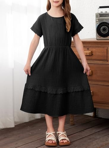 blibean Girls Summer Short Sleeve Dresses Big Kid Cotton Boho Lace Ruffle Semi Formal Dress Solid Casual Fancy Flare Party Clothes Dressy Outfit Size 14 15 16 Year Old Black - Image 4