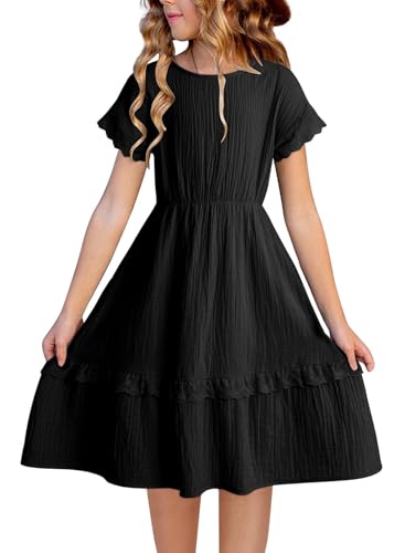 blibean Girls Summer Short Sleeve Dresses Big Kid Cotton Boho Lace Ruffle Semi Formal Dress Solid Casual Fancy Flare Party Clothes Dressy Outfit Size 14 15 16 Year Old Black - Image 1