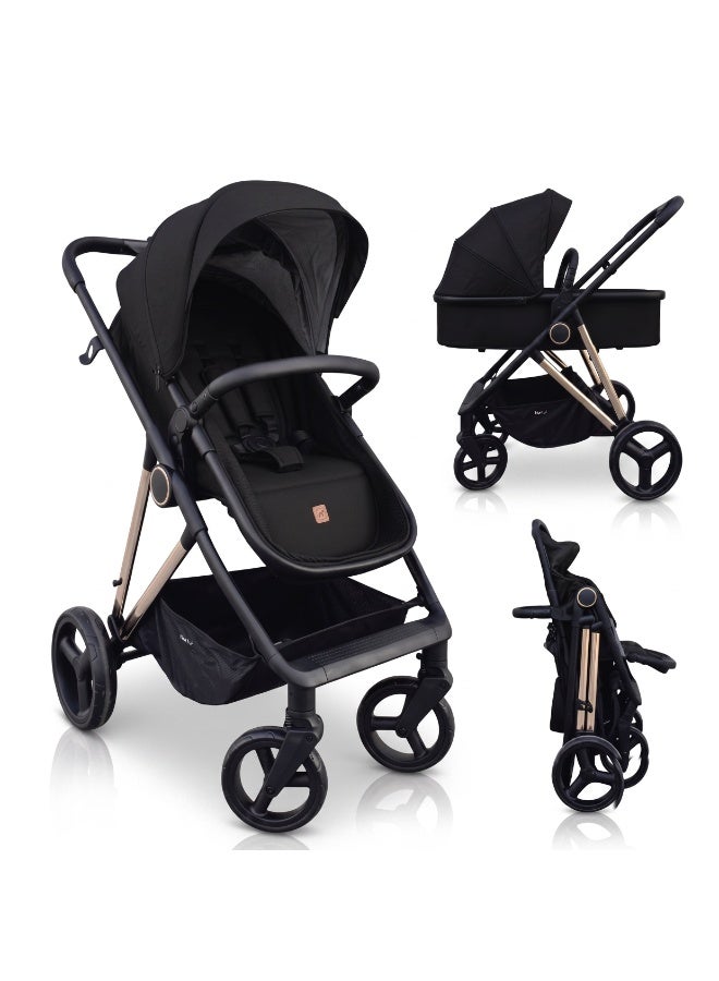 Nurtur Cradle 2 in 1 High Landscape Convertible Baby Stroller, Foldable Pushchair, Newborn Reversible Bassinet Pram, Aluminum Structure, 5-Point Harness for Infant & Toddler - Black - Image 1