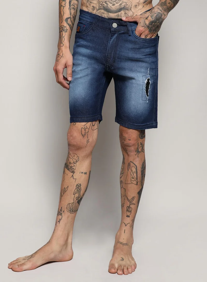كامبوس سوترا Men's Navy Blue Side Distressed Denim Shorts For Casual Wear | Dark-Wash | Regular Fit | Button Closure | Cotton Denim Shorts Crafted With Comfort Fit For Everyday Wear