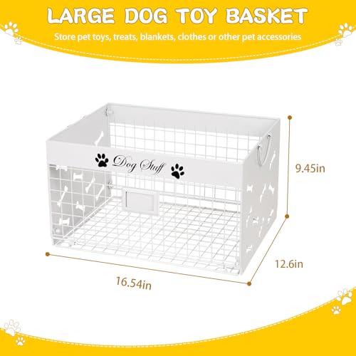 Bfttlity Dog Toy Basket Large Dog Toy Box with Handles and Label Position Design for Living Room Metal Dog Toy Bin Storage for Dogs Chew Pets Toys Blankets Clothes Food White - Image 3