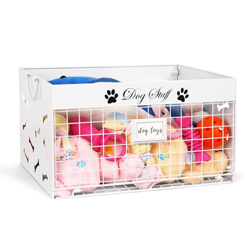 Bfttlity Dog Toy Basket Large Dog Toy Box with Handles and Label Position Design for Living Room Metal Dog Toy Bin Storage for Dogs Chew Pets Toys Blankets Clothes Food White - Image 1