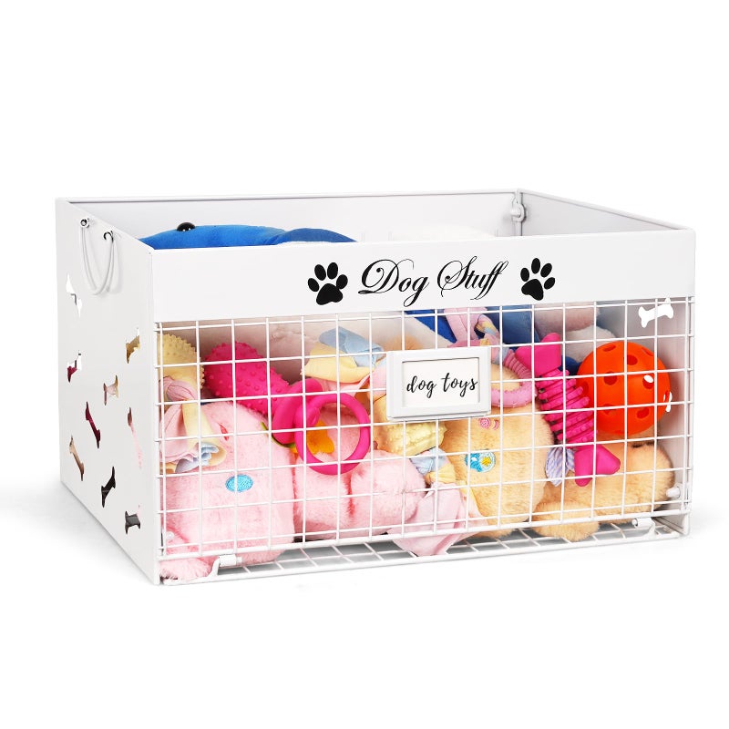 Bfttlity Dog Toy Basket Large Dog Toy Box with Handles and Label Position Design for Living Room Metal Dog Toy Bin Storage for Dogs Chew Pets Toys Blankets Clothes Food White - Image 2