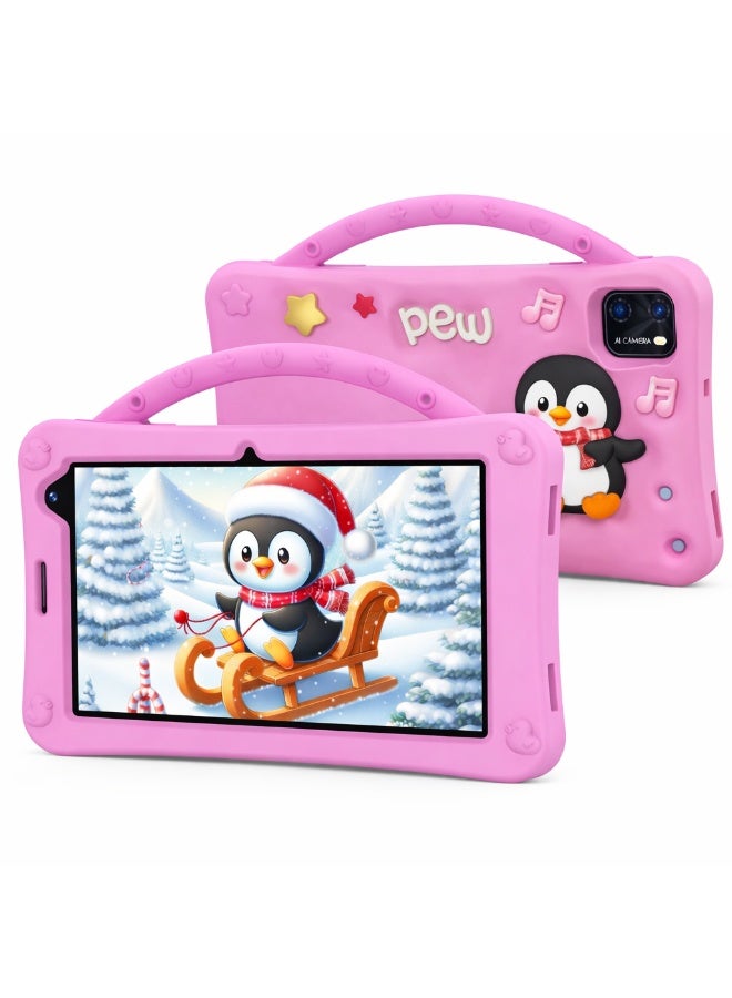 Telzeal P701 Kids Tablet 7 Inch HD (6GB RAM + 256GB), Android 13, 3000mAh Battery, 2MP+5MP Dual Camera, Single SIM, Shockproof Handle Case – Pink