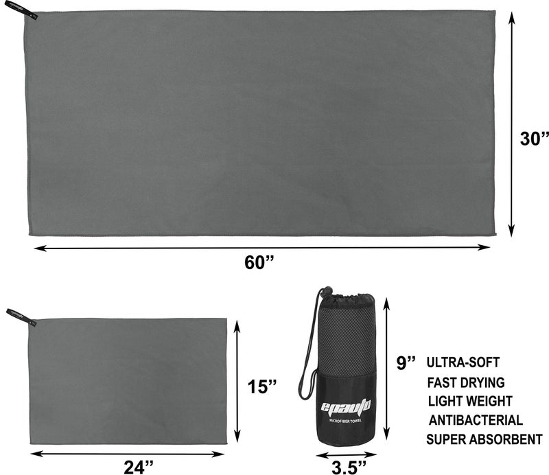 EPAuto منشفة ميكروفايبر سريعة التجفيف من EPAuto عبوة 2 (60" × 30"، 24" × 15") للسفر، الصالة الرياضية، التخييم، الشاطئ وحمل الحقائب، رمادي - Image 2