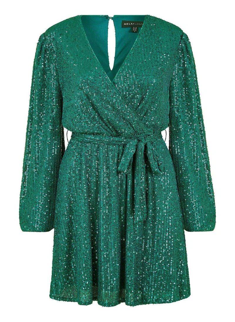 MELA LONDON Sequin Belted Wrap Long Sleeve Dress