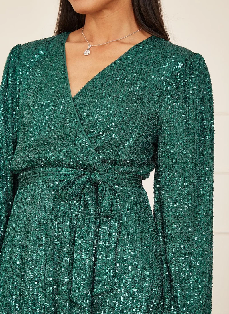 MELA LONDON Sequin Belted Wrap Long Sleeve Dress