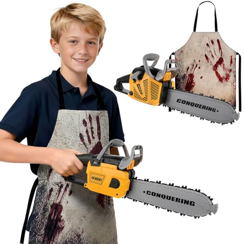 Arrowbash Kids Toy Electric Chainsaw Prop and Aprons Set Outdoor Power Tool with Motion Sound Effects and Light Easy Grip Handle Pretend Set Birthday Gift - Image 1
