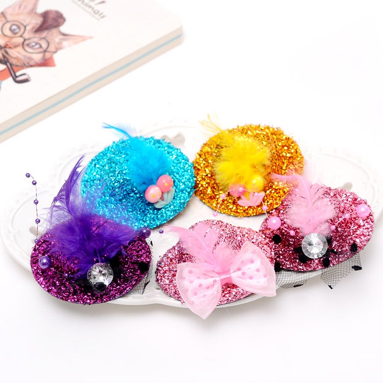 Generic K260 children hat hairpin mini feather hat hairpin wool shiny three-dimensional cute hair accessories wholesale Large-Mixed Color