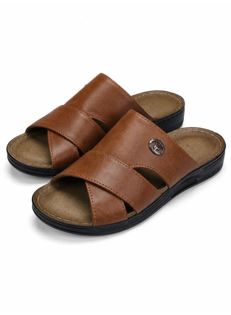 Men's Leather Slide Sandals, Comfortable Open Toe Slippers with Soft Cushioned Footbed, Lightweight Slip-On Casual Walking Sandals for Indoor & Outdoor Daily Wear - Image 1