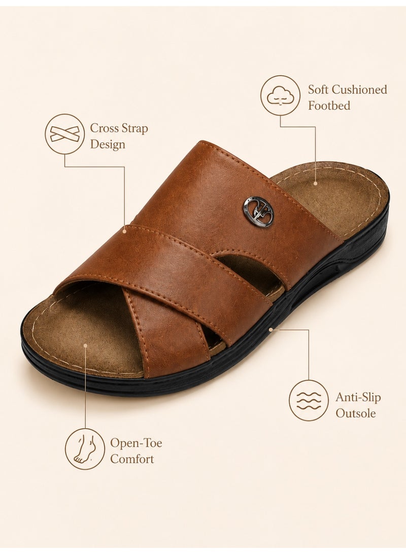 Men's Leather Slide Sandals, Comfortable Open Toe Slippers with Soft Cushioned Footbed, Lightweight Slip-On Casual Walking Sandals for Indoor & Outdoor Daily Wear - Image 3