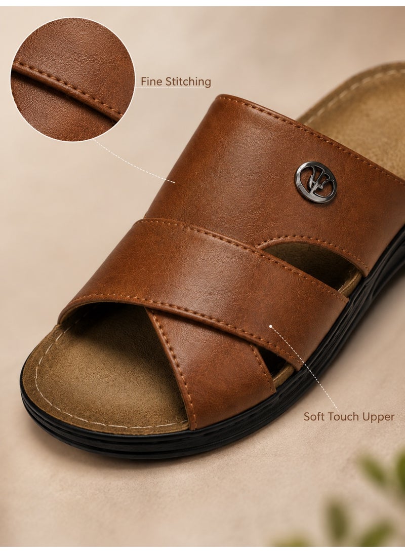 Men's Leather Slide Sandals, Comfortable Open Toe Slippers with Soft Cushioned Footbed, Lightweight Slip-On Casual Walking Sandals for Indoor & Outdoor Daily Wear - Image 4