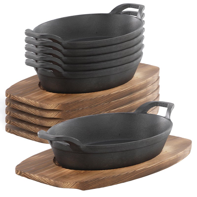Megachef Cast Iron Mini Oval Pan/Saute Pan with Wood Tray, Cookware, Bakeware, Serveware (6 Piece) - Image 1