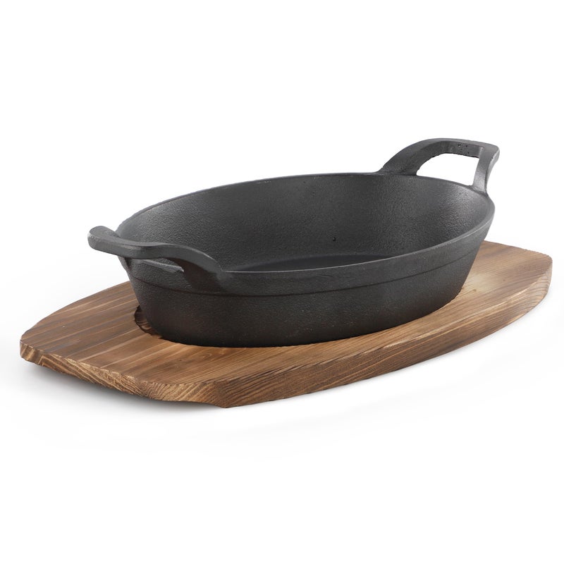 Megachef Cast Iron Mini Oval Pan/Saute Pan with Wood Tray, Cookware, Bakeware, Serveware (6 Piece) - Image 3