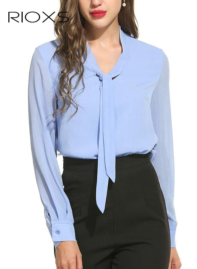 ريوكس بلوزة شيفون زرقاء نسائية، قميص أنيق ذو ربطة عنق طويلة، قميص درسي للعمل في المكتب والملابس غير الرسمية، قميص شفاف رسمي خفيف الوزن، قميص درسي قابل للتنفس للنساء - Image 1