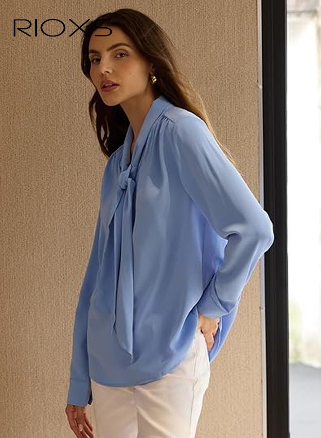 ريوكس بلوزة شيفون زرقاء نسائية، قميص أنيق ذو ربطة عنق طويلة، قميص درسي للعمل في المكتب والملابس غير الرسمية، قميص شفاف رسمي خفيف الوزن، قميص درسي قابل للتنفس للنساء - Image 5