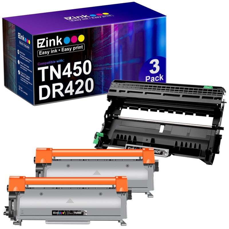 E-Z Ink خراطيش حبر E-Z Ink المتوافقة ووحدة الأسطوانة البديلة لطابعة Brother TN450 TN420 DR420 للاستخدام مع HL-2270DW HL-2280DW HL-2230 HL-2240 MFC-7360N MFC-7860DW 2840 2940 (2 حبر 1 أسطوانة) 3 عبوات - Image 1