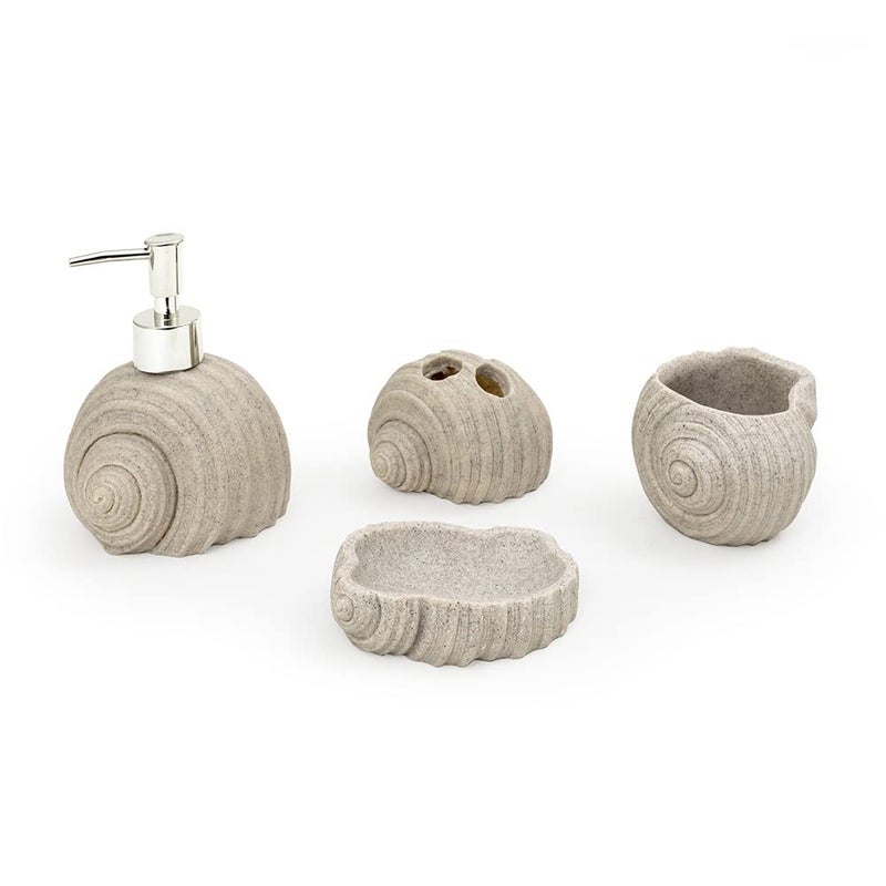 EZ Life Seramica Luxury Resin Stoneware 4 Piece Bathroom Set - Gray Sea Shells - Bathroom Accessory Sets, Natural, Soap Dispenser, Tumbler Glass, Toothbrush Holder, Soap Tray for Hotel, Home, Office - Image 1