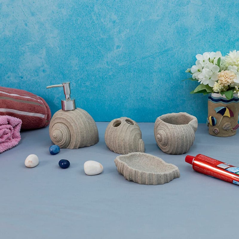 EZ Life Seramica Luxury Resin Stoneware 4 Piece Bathroom Set - Gray Sea Shells - Bathroom Accessory Sets, Natural, Soap Dispenser, Tumbler Glass, Toothbrush Holder, Soap Tray for Hotel, Home, Office - Image 2