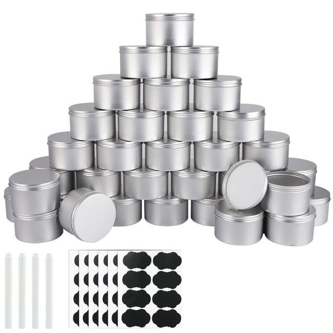 42 PACK ROUND CANS WITH SCREW LID 7 OZ ALUMINUM METAL TINS DIY FOOD CANDLE CONTAINERS FOR LOTION BARS BALMS SALVE SPICES BEARD BALM CRAFTS WITH 4 MARKERS 6 SHEETS LABEL STICKERS