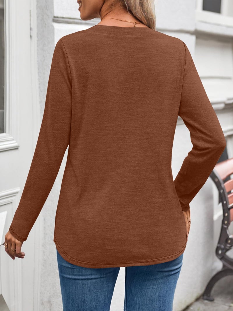 WYNNQUE Womens Long Sleeve Shirts Business Casual Outfits Dressy Tops Blouses Henley V Neck Fall Clothes Maple 2XL - Image 4