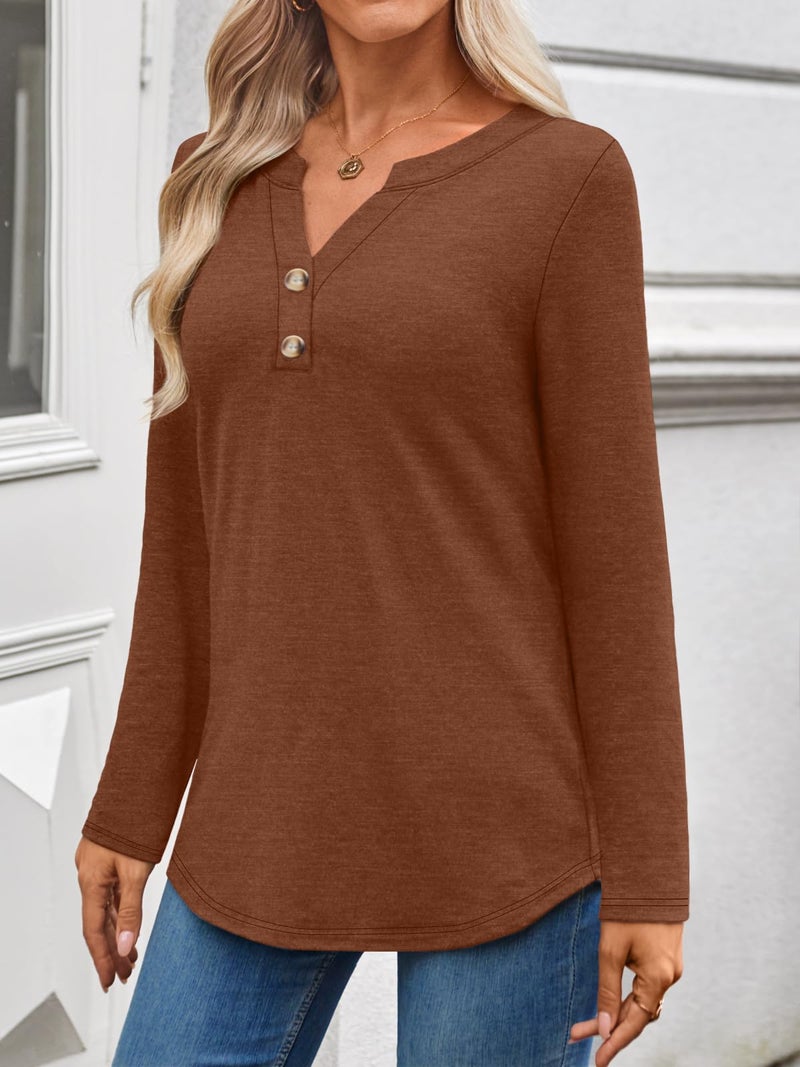 WYNNQUE Womens Long Sleeve Shirts Business Casual Outfits Dressy Tops Blouses Henley V Neck Fall Clothes Maple 2XL - Image 3