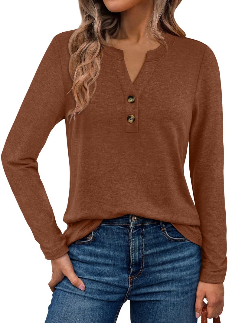WYNNQUE Womens Long Sleeve Shirts Business Casual Outfits Dressy Tops Blouses Henley V Neck Fall Clothes Maple 2XL - Image 1