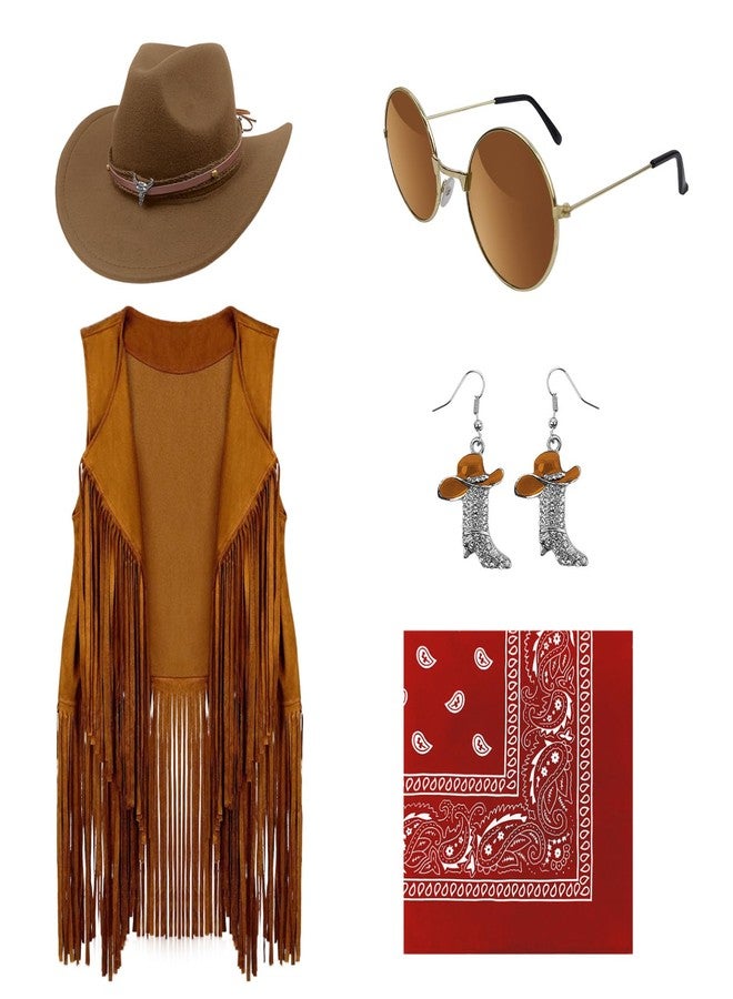 HyperFun Western Cowgirl Outfits Cowboy Hat Fringe Vest Bandana for Women, 70s Hippie Costume Rodeo - Image 1