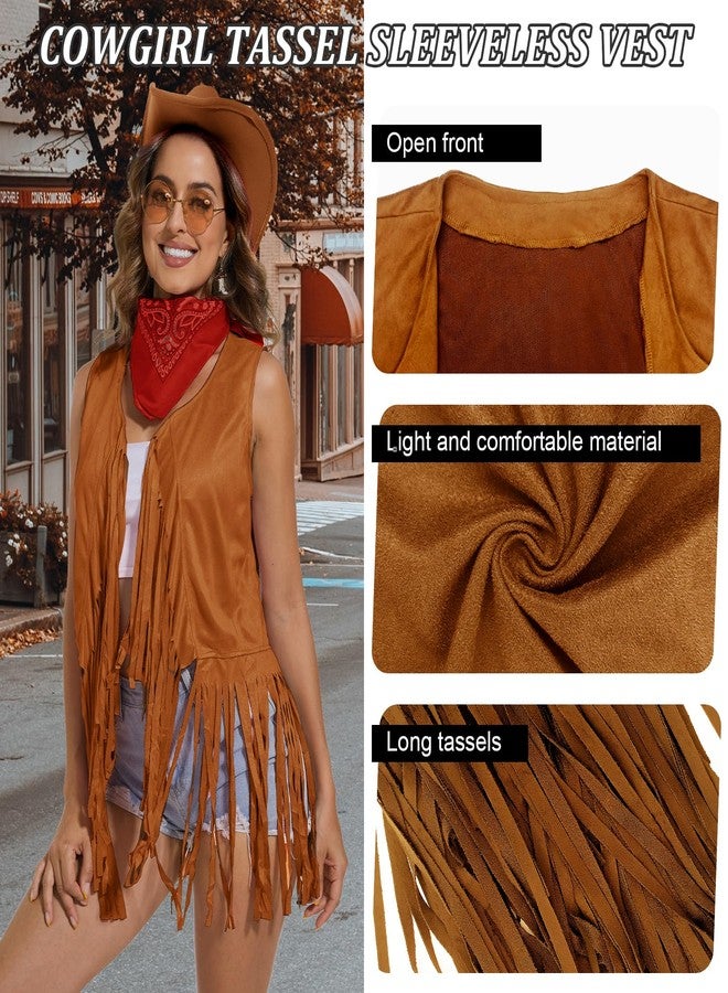 HyperFun Western Cowgirl Outfits Cowboy Hat Fringe Vest Bandana for Women, 70s Hippie Costume Rodeo - Image 3