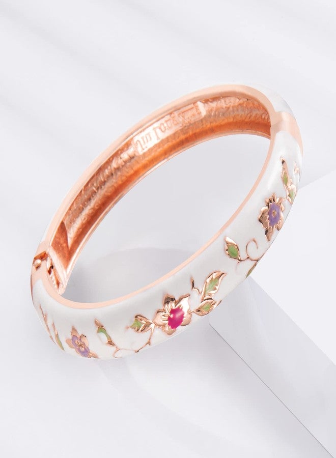 UJOY Elegant Bracelet Plated Enameled Jewelry Spring Hinge Metal Cuff Cloisonne Bangles Set Gift Box Packed 55A117 White Pink - Image 2