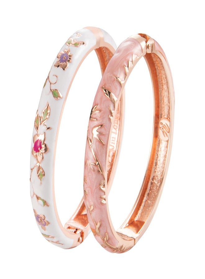 UJOY Elegant Bracelet Plated Enameled Jewelry Spring Hinge Metal Cuff Cloisonne Bangles Set Gift Box Packed 55A117 White Pink - Image 1