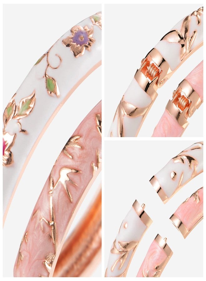 UJOY Elegant Bracelet Plated Enameled Jewelry Spring Hinge Metal Cuff Cloisonne Bangles Set Gift Box Packed 55A117 White Pink - Image 5