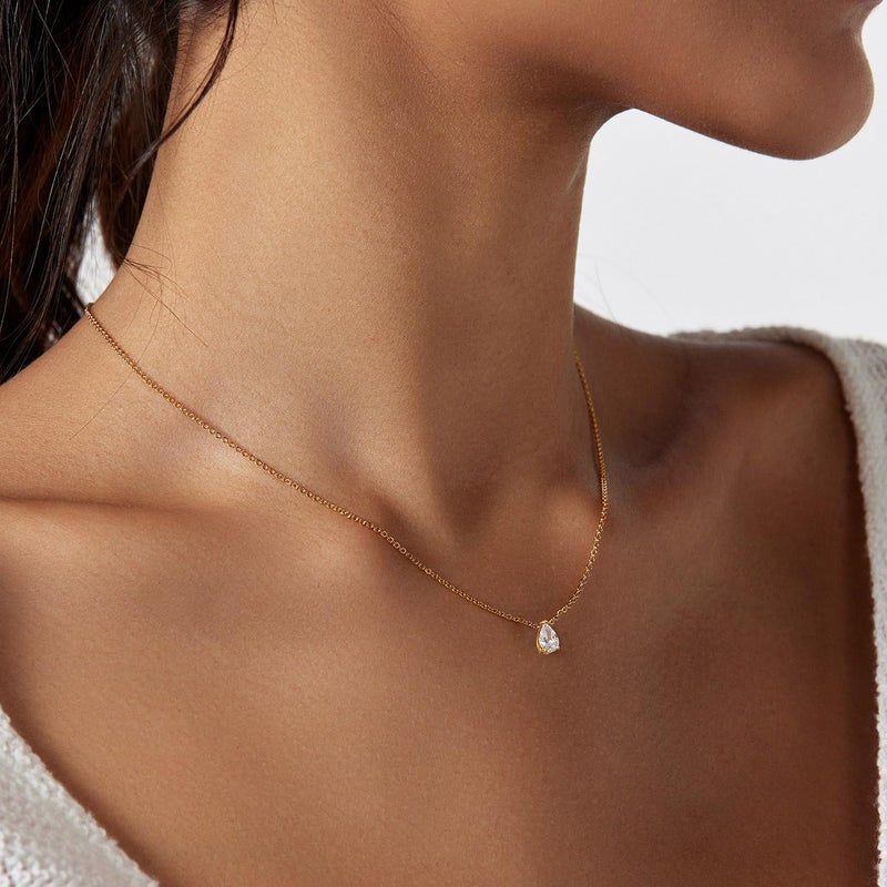 Zeffy Dainty Gold Necklace for Women Simple Small CZ Teardrop Diamond Choker Trendy Gold Jewelry Gifts - Image 3