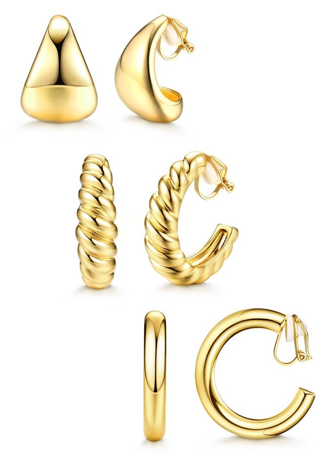 BESTEEL 3Pairs Clip on Earrings for Women Trendy Stocking Stuffers Hypoallergenic 14K Gold Plated Chunky Tube Croissant Waterdrop Clip-on Hoop Earrings Set Fake Jewelry Non Pierced Ears - Image 1