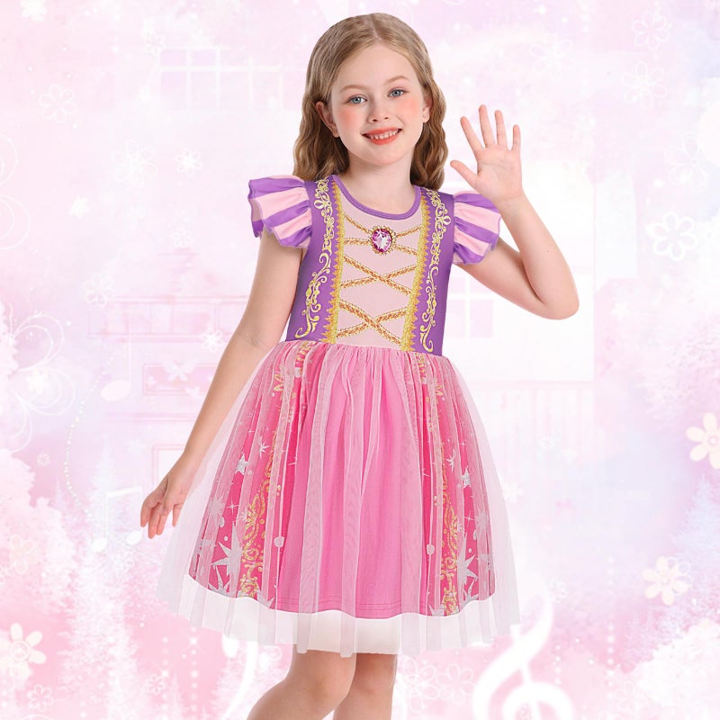 HenzWorld Princess Dress for Girls Kids Short Flutter Sleeve Tulle Tutu Dresses Halloween Cosplay Theme Party Outfits Size 3-4T Purple Sequin - Image 2