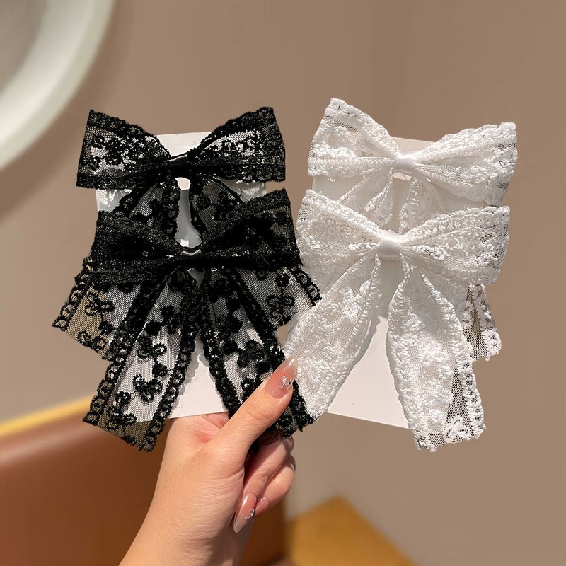 4pcs Women Lace Hair Clips Black White Bows Flat Ended Elegant for Daily Use - Image 1