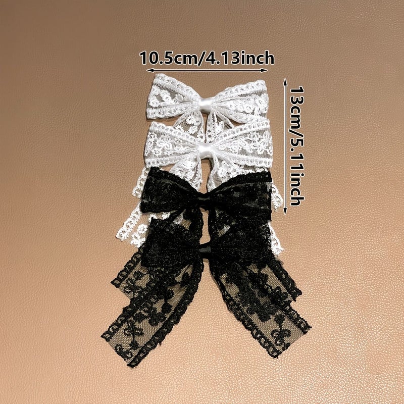 4pcs Women Lace Hair Clips Black White Bows Flat Ended Elegant for Daily Use - Image 4