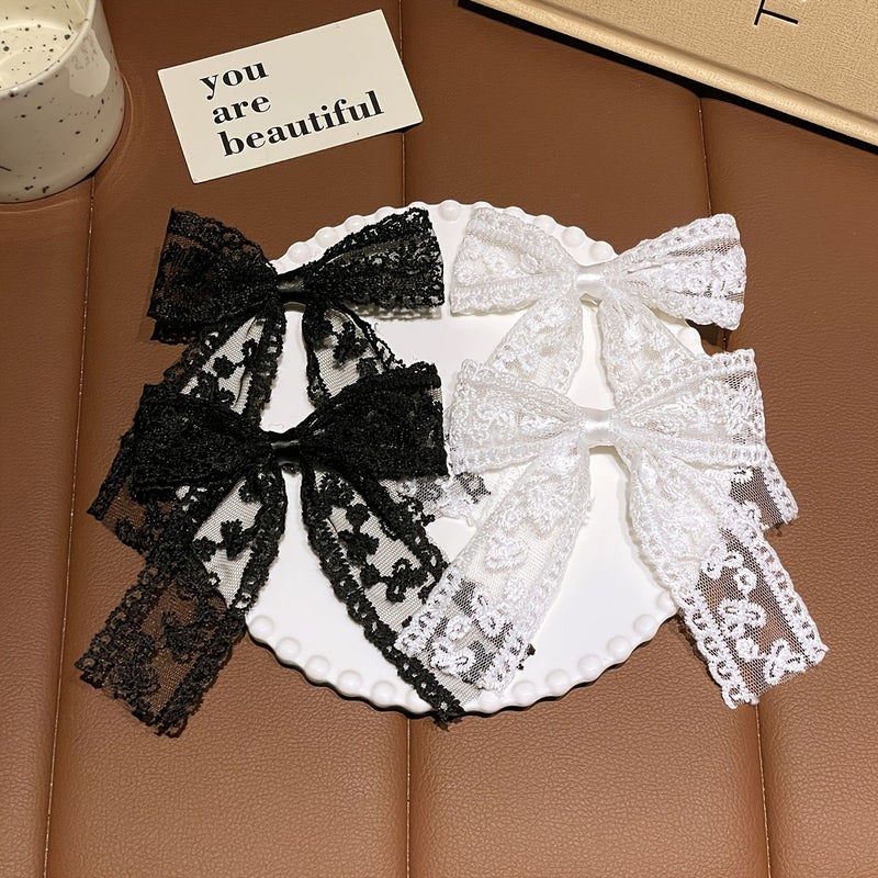 4pcs Women Lace Hair Clips Black White Bows Flat Ended Elegant for Daily Use - Image 5