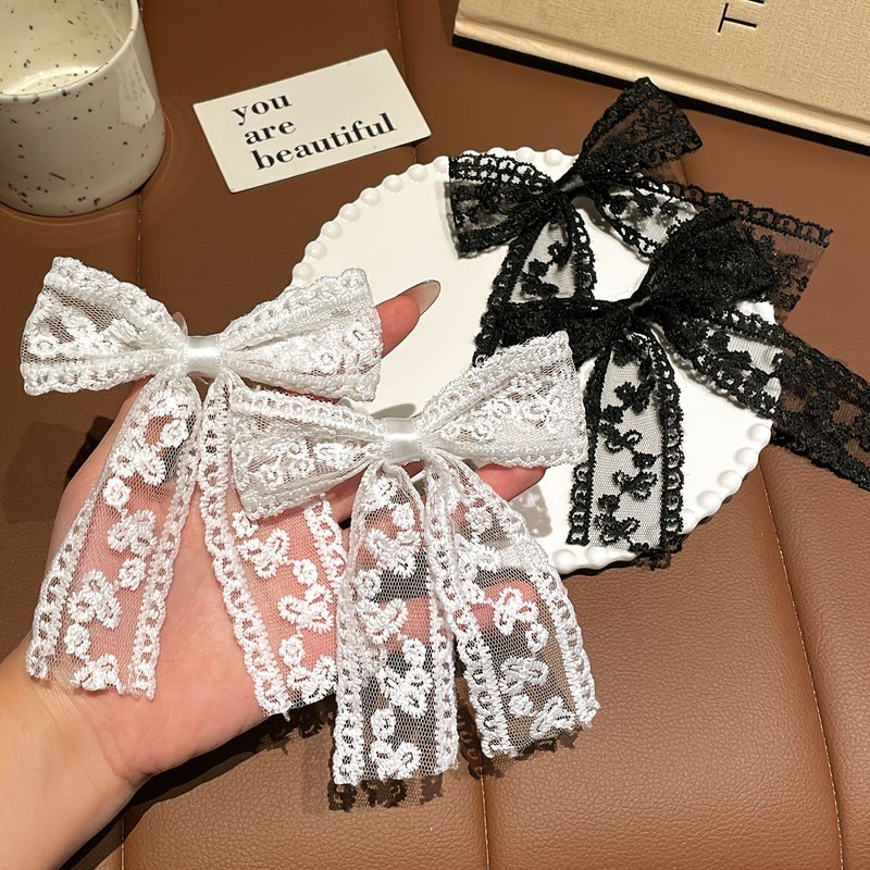 4pcs Women Lace Hair Clips Black White Bows Flat Ended Elegant for Daily Use - Image 2