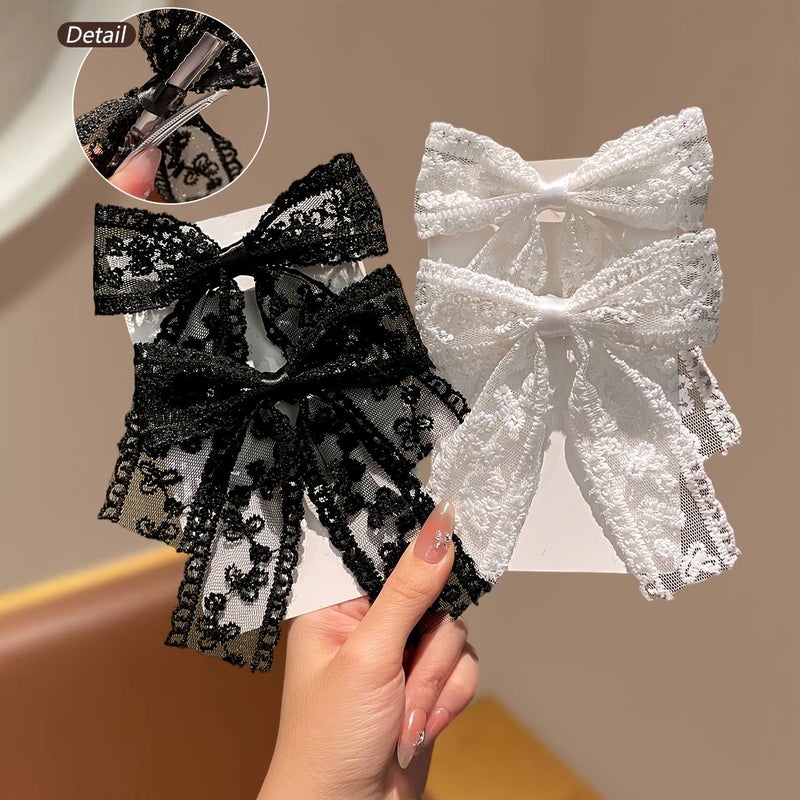 4pcs Women Lace Hair Clips Black White Bows Flat Ended Elegant for Daily Use - Image 3