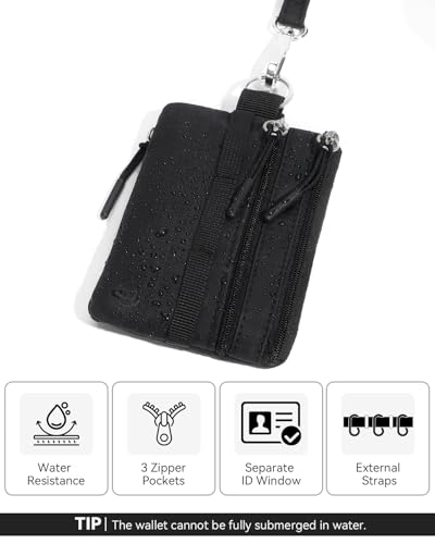 BOSTANTEN Small Wallet RFID, Minimalist Zip ID Case Wallet with Lanyard Keychain, Water Resistant Card Wallets for Women & Men, Black - Image 2