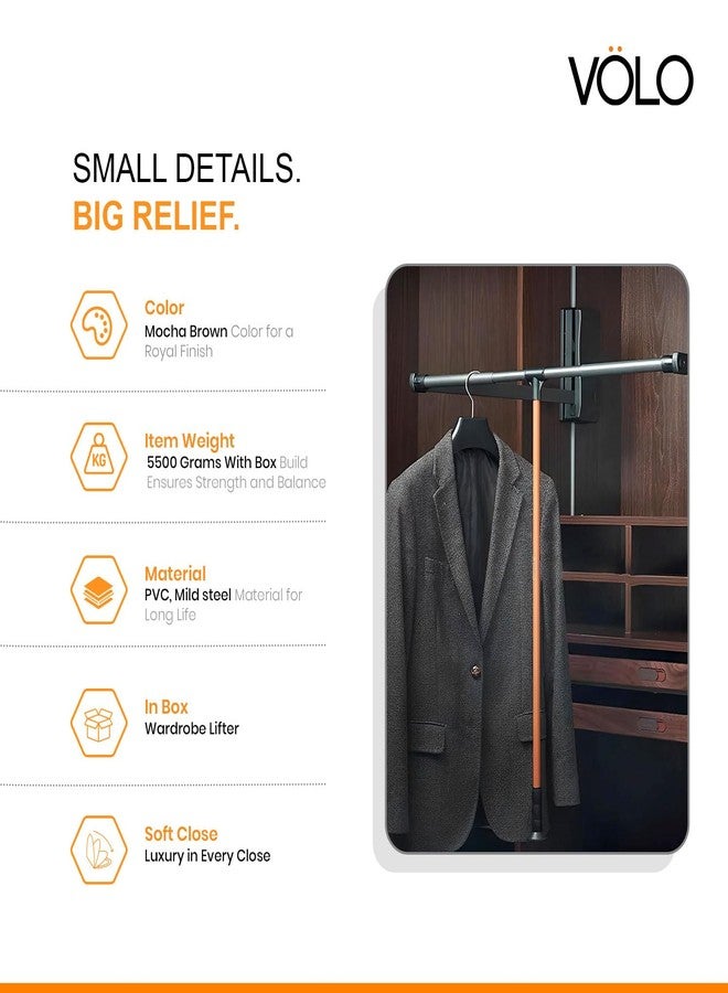 VOLO Soft Close Pull Down Cloth Lifter – Adjustable Aluminium Wardrobe Rail Lift (920–1240mm), Retractable Closet Rod Organizer | Space Saving Hanger with Smooth Hydraulic Lift, 15kg Capacity - Image 4