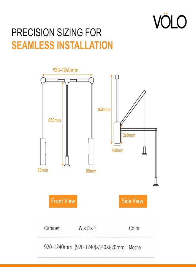 VOLO Soft Close Pull Down Cloth Lifter – Adjustable Aluminium Wardrobe Rail Lift (920–1240mm), Retractable Closet Rod Organizer | Space Saving Hanger with Smooth Hydraulic Lift, 15kg Capacity - Image 2