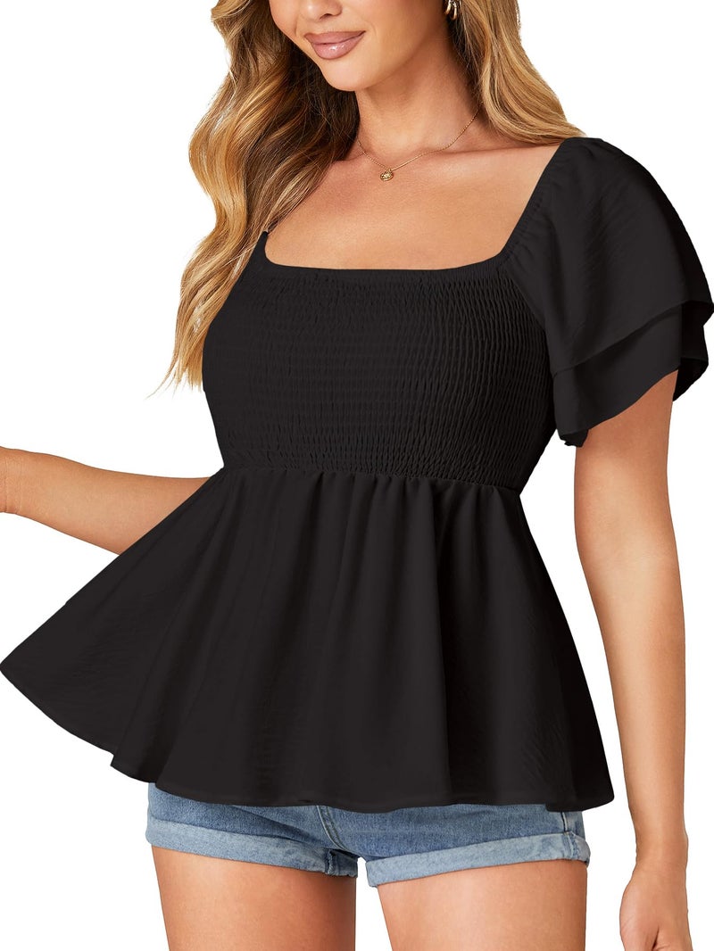 LYANER Women's Square Neck Smocked Peplum Top Ruffle Short Sleeve Babydoll Shirred Blouse Black Small - Image 3